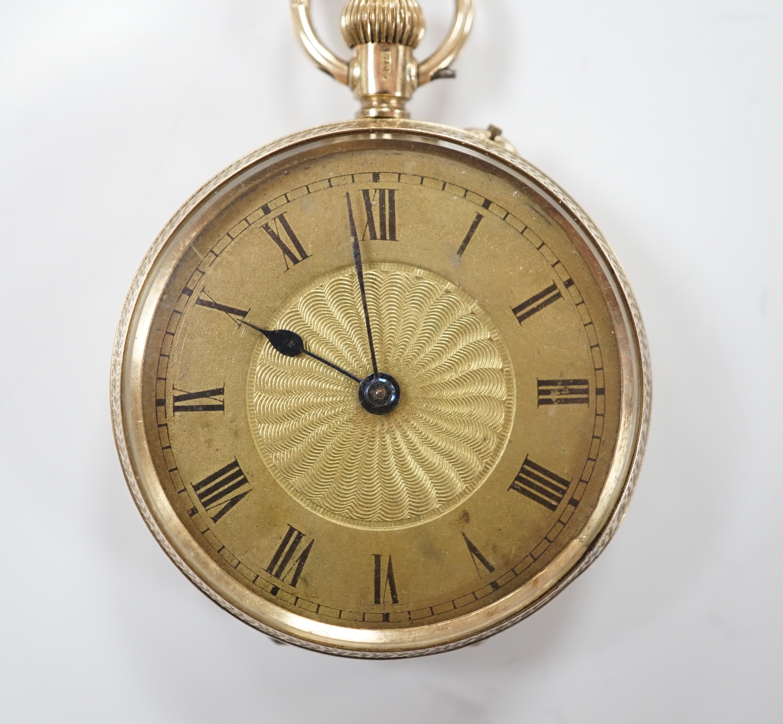 A Swiss 9ct gold open face fob watch, with Roman dial, glass loose, gross weight 26.3 grams.